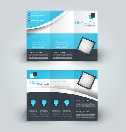 Tri fold brochure design. Creative business flyer template. Editable vector illustration. Blue color.のイラスト素材