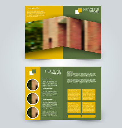 Fold brochure template. Flyer background design. Magazine or book cover, business report, advertisement pamphlet. Green and yellow color. Vector illustration.のイラスト素材