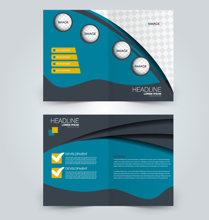 Fold brochure template. Flyer background design. Magazine or book cover, business report, advertisement pamphlet. Blue and yellow color. Vector illustration.のイラスト素材
