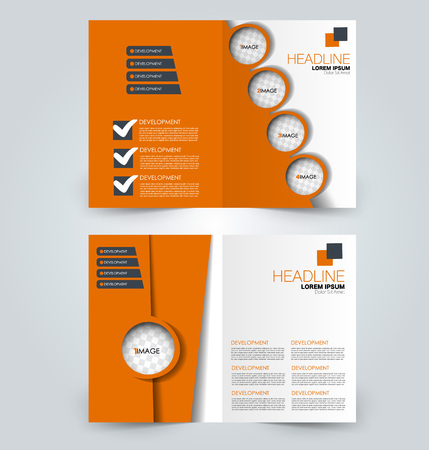 Fold brochure template. Flyer background design. Magazine or book cover, business report, advertisement pamphlet. Orange color. Vector illustration.のイラスト素材