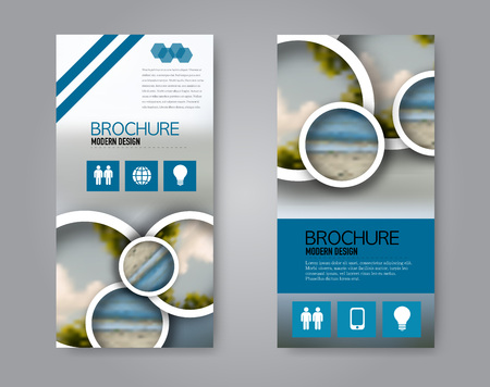 Narrow flyer and leaflet design. Set of two side brochure templates. Vertical banners. Blue colors. Vector illustration mockup.のイラスト素材