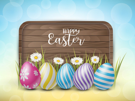 Happy Easter wooden sign with painted 3d realistic eggs in green glass and flowers on yellow and blue bokeh backdrop. Vector illustration.のイラスト素材