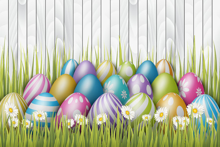 Easter background with painted 3d realistic eggs in green glass and flowers on wooden backdrop. Vector illustration.のイラスト素材