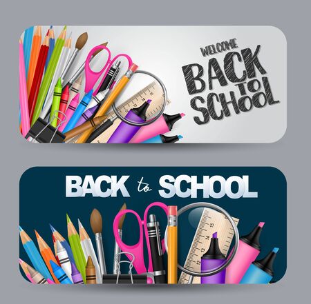 Back to school banner with a lot of supplies for education. vector illustration.のイラスト素材