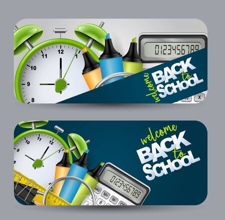 School banner for advertisement, magazine, website. Green alarm clock, highlighters, calculator, spyglass and other education supplies. Vector illustration.のイラスト素材