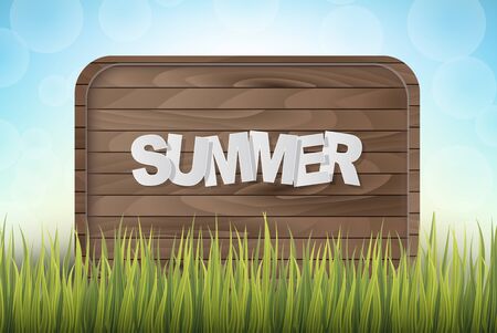Summer text on a wooden shield in grass on blue sky background.Vector illustration.のイラスト素材