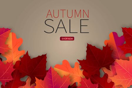 Autumn sale illustration with red and orange  maple leaves on brown background. Vector design for advertising, shopping, promo.のイラスト素材