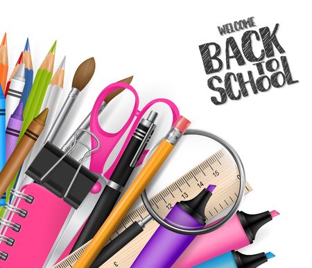Welcome back to school design with realistic supplies. Vector illustration.のイラスト素材