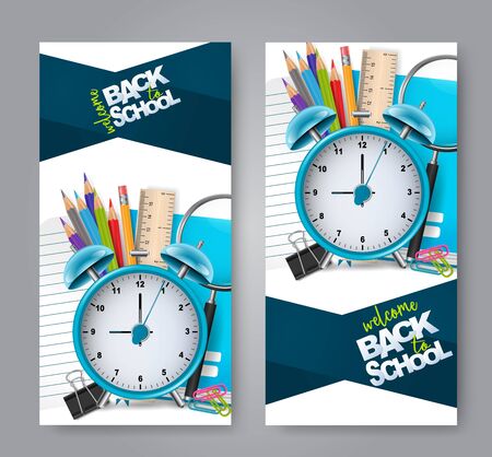Vertical flyers welcome back to school concept with 3d realistic stationery. Vector illustration.のイラスト素材