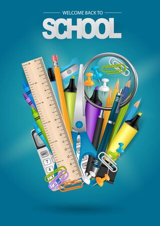 Get ready for school poster or flyer. Stationery items for kids - scissors, spyglass, ruler, calculator, paper clips, pins, markers, pencils, ball pen. Typography text sign. realistic vector illustration.のイラスト素材