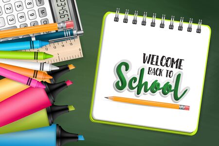 Welcome back to school sales banner, background, flyer, poster. Green chalkboard backdrop. Realistic vector illustration.のイラスト素材