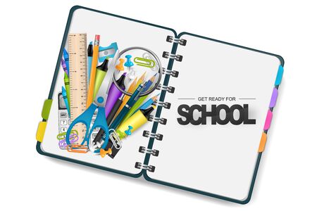 Get geady for school banner in a shape of a ring notebook with divider. Study supplies lying on it - scissors, ruler, pins, sharpener, pencil, paper clips, calculator, marker. Realistic vector illustration.のイラスト素材