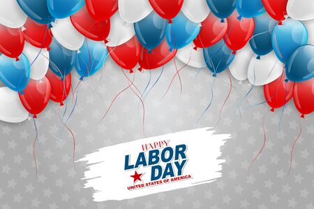 Happy Labor Day background with flying blue, red, and white balloons. USA national holiday design concept. Vector illustration.のイラスト素材