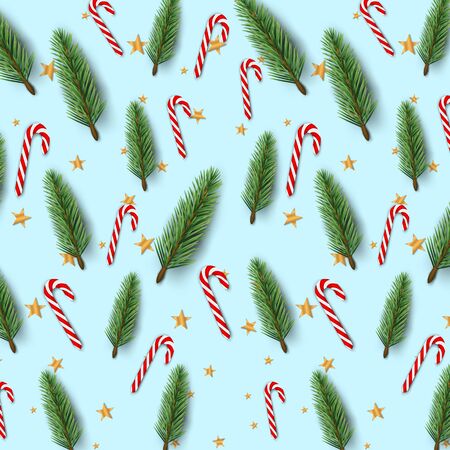 Christmas poster with realistic fir tree branches, red and white cane candy and golden stars. Xmas holiday cover background. Top view flat lay. Vector illustration.のイラスト素材