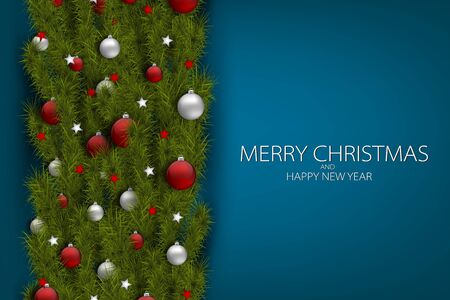 Merry Christmas and Happy New Year design concept. Fir tree branch decoration with glass balls and small stars on blue background. Holiday season greeting card. Typography text. Realistic vector illustration.のイラスト素材
