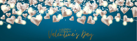 Valentines Day banner or website header background with 3d hearts and garland lights. Love design concept. Romantic invitation or sale offer promo. Vector illustration.のイラスト素材