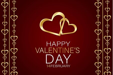 Valentines Day banner background with hanging golden 3d hearts. Love design concept. Romantic invitation or sale offer promo. Vector illustration.のイラスト素材