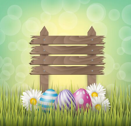 Easter background with realistic 3d colorful eggs, wooden sign, and daisy flowers on green backdrop. Vector illustration.のイラスト素材