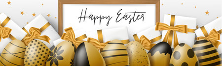 Happy Easter holiday banner or newsletter header. Golden eggs set width black ornament, gift boxes...