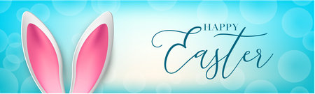 Happy Easter holiday banner or newsletter header. Bunny ears on blue background. Vector illustration...