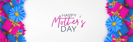 Mother's Day banner or website header. Blue and pink gift boxes and flowers. Celebration holiday concept. Realistic vector illustration.のイラスト素材