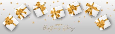 Happy Mother's Day banner or website long header. A set of white gift boxes with golden bows. Realistic vector illustration.のイラスト素材