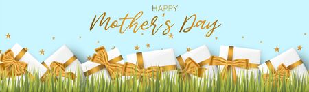 Happy Mother's Day banner or website header. White gift boxes with golden bows behind grass on blue background. Vector illustration.のイラスト素材