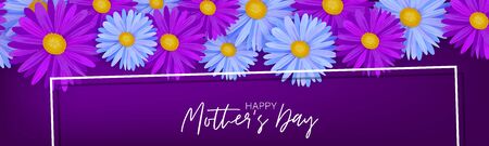 Mother's Day banner or website header. Blue and purple flowers. Celebration holiday concept. Realistic vector illustration.のイラスト素材