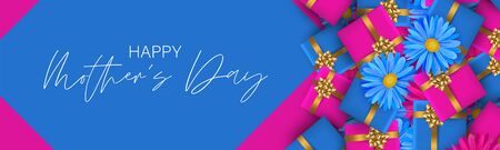 Mother's Day banner or website header. Blue and pink gift boxes and flowers. Celebration holiday concept. Realistic vector illustration.のイラスト素材