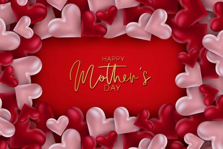 Mothers Day banner. Red and pink 3d hearts. Holiday greeting card background design. Vector illustration.のイラスト素材
