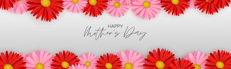 Mother's Day banner or website header. Red and pink flowers. Celebration holiday concept. Realistic vector illustration.のイラスト素材