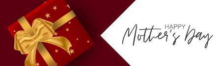 Happy Mother's Day banner or website long header. Red gift box with golden bow. Realistic vector illustration.のイラスト素材