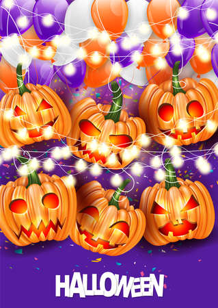 Halloween flyer or brochure. Trick or treat 31 October holiday event. Pumpkin heads with scary faces, glowing lights garland, and ballons over purple background. vector illustration.のイラスト素材