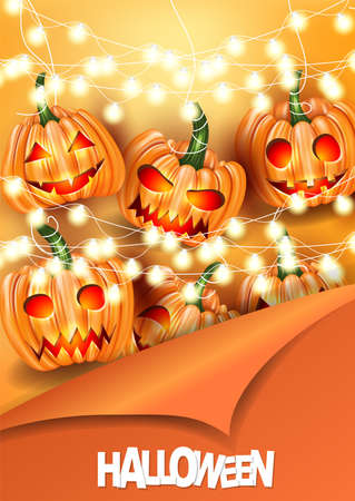 Halloween poster or flyer design. Pumpkin scare spooky face heads and glowing garland lights over orange background cover by piiling off paper. Vector illustration.のイラスト素材