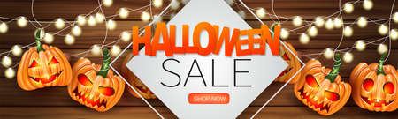 Halloween sale banner or website header for advertisement with pumpkin creepy faces and glowing lights garland. Vector illustration.のイラスト素材