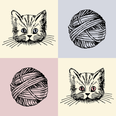 Vector illustration. Cat and yarn ball print. Pen drawn style.のイラスト素材