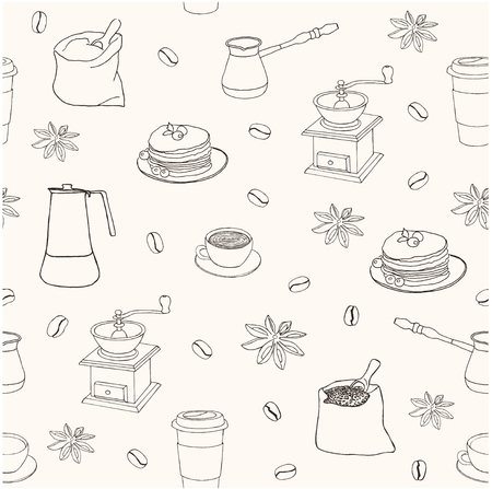 Vector seamless pattern. Hand drawn illustration of coffee itemsのイラスト素材