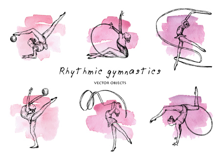 Vector illustration of rhythmic gymnastics set on watercolor background. Pen style vector sketch.のイラスト素材