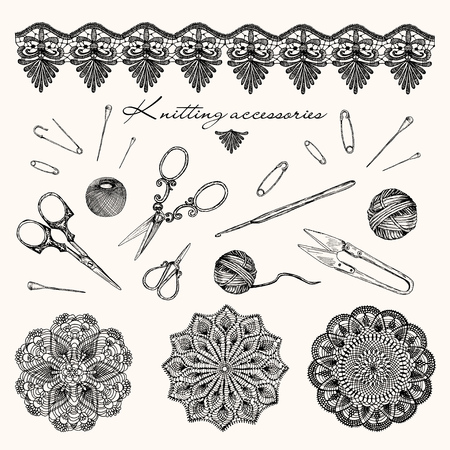 Vector illustration. Handmade equipment, knitting, crochet and lace . Hand drawn design elements.のイラスト素材