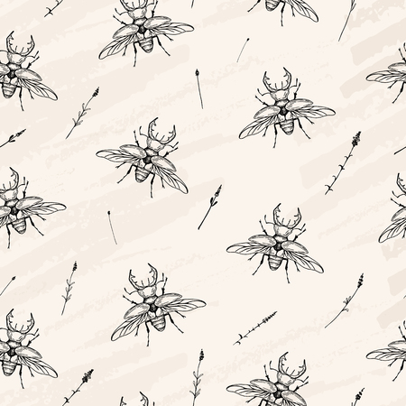Insect in pen style sketch illustration seamless pattern on craft paper texture.のイラスト素材