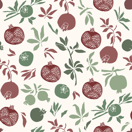 Vector illustration. Color vector seamless pattern. Pomegranates, branches and leaves.のイラスト素材