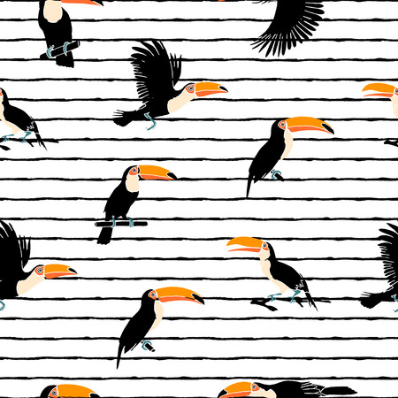 Vector summer background. Toucans on striped background. Summer print, paper or textile design. Element of seamless pattern.のイラスト素材