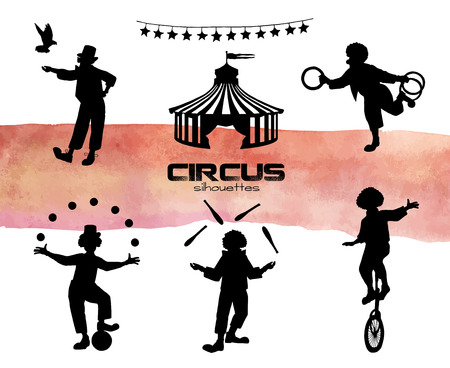 Set of clowns doing different tricks in silhoutte illustration.のイラスト素材