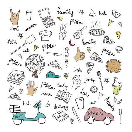 Vector illustration. Pizza delivery . Vector line set.のイラスト素材