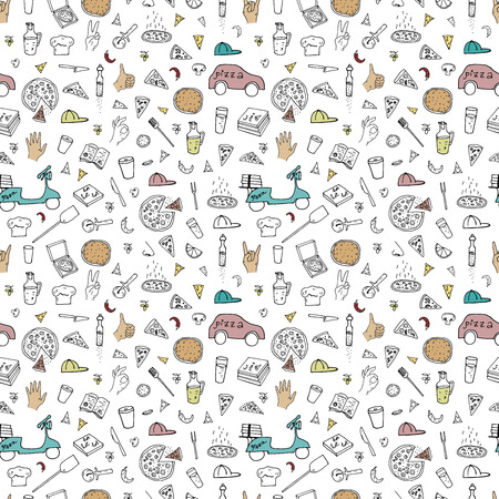 Vector illustration. Pizza delivery . Vector line set. Element of seamless pattern.のイラスト素材