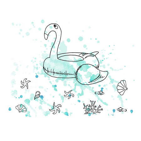 Vector illustration. Pen style drawn flamingo rubber ring on watercolor background. Fish, sea stars, shells and coral. Line vector objects. Element of print design.のイラスト素材