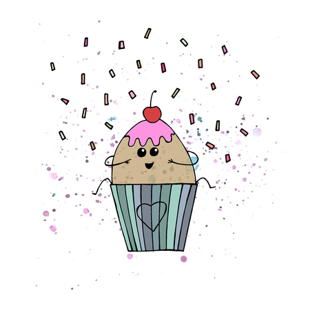 Vector illustration. Yummy print. Cupcake with cherry  Cartoon drawing. Funny print design elements.のイラスト素材