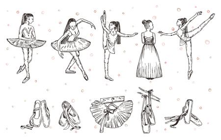 Vector sketch. Ballet dancer and accessories. Vector pen style objects set.のイラスト素材