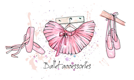 Vector sketch. Ballet accessories, pointes and skirt. Vector pen style objects set. Print element.のイラスト素材