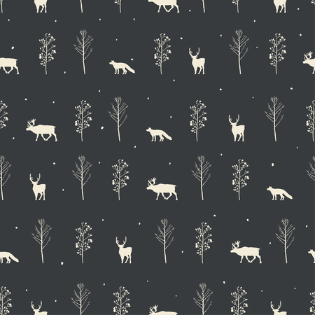 Vector illustration. Trees,deers and fox silhouettes background. Vector seamless pattern. Fabric print element. Paper design.のイラスト素材